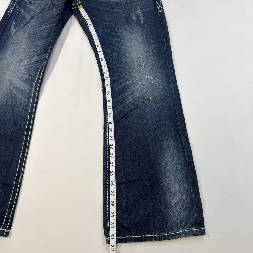 Rock Revival Mason Jeans Sz 33 Blue Distressed Bootcut Denim Y2K Grunge Festival - Picture 7 of 13